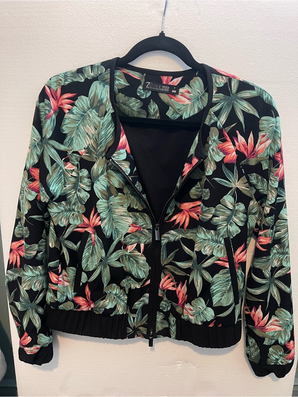 New York & Company Black Floral Bomber Jacket with Green and Coral Leaves